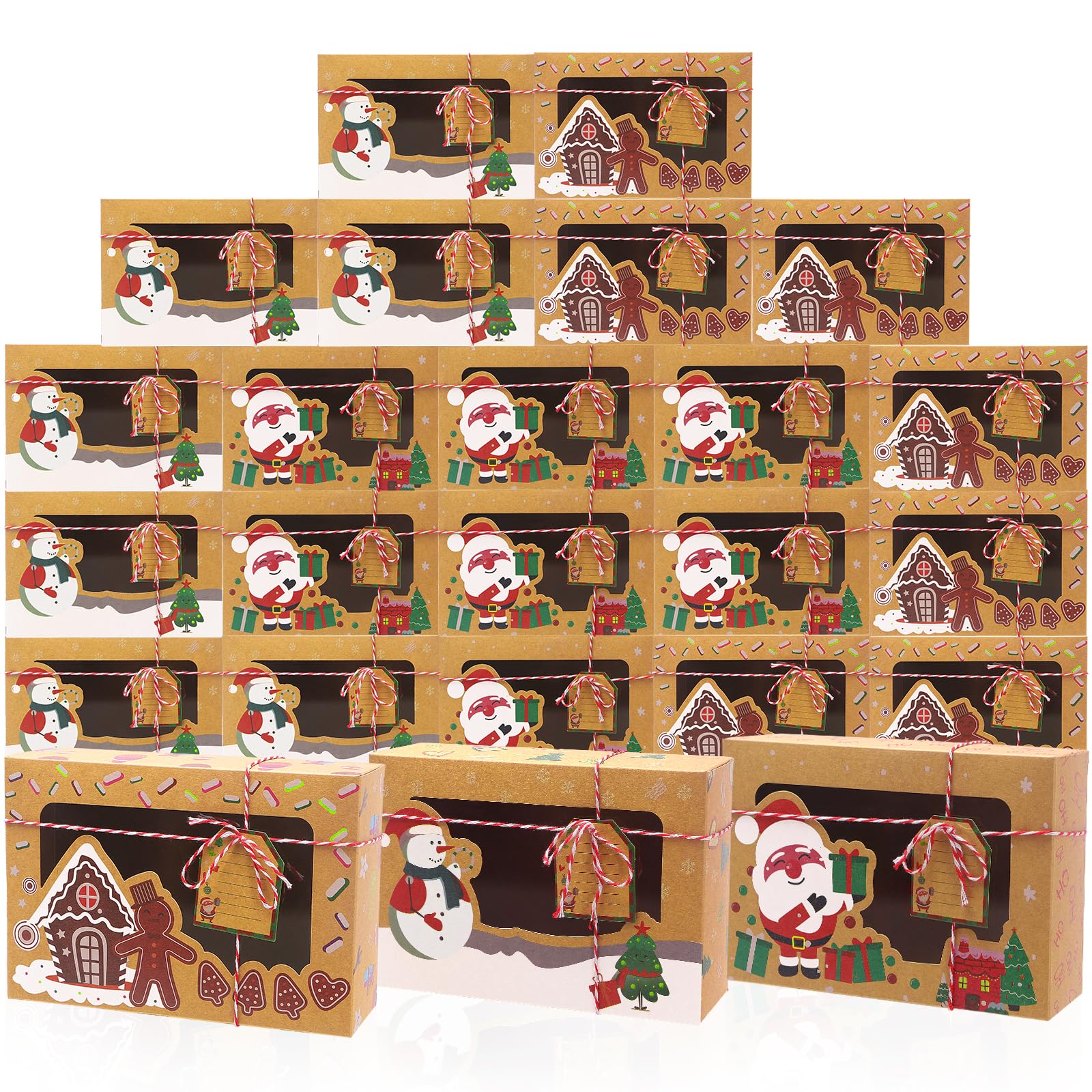 24 Pieces Christmas Cookie Boxes With PVC Window, Kraft Paper Gift Boxes for Chocolate, DIY Cookies With Tags for Holidays, 3 Styles, 22 x 15 x 7 cm