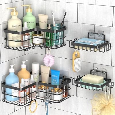 Yazoni Conner Shower Caddy 4-Pack Adhesive Stainless Steel Wall Shelf Black