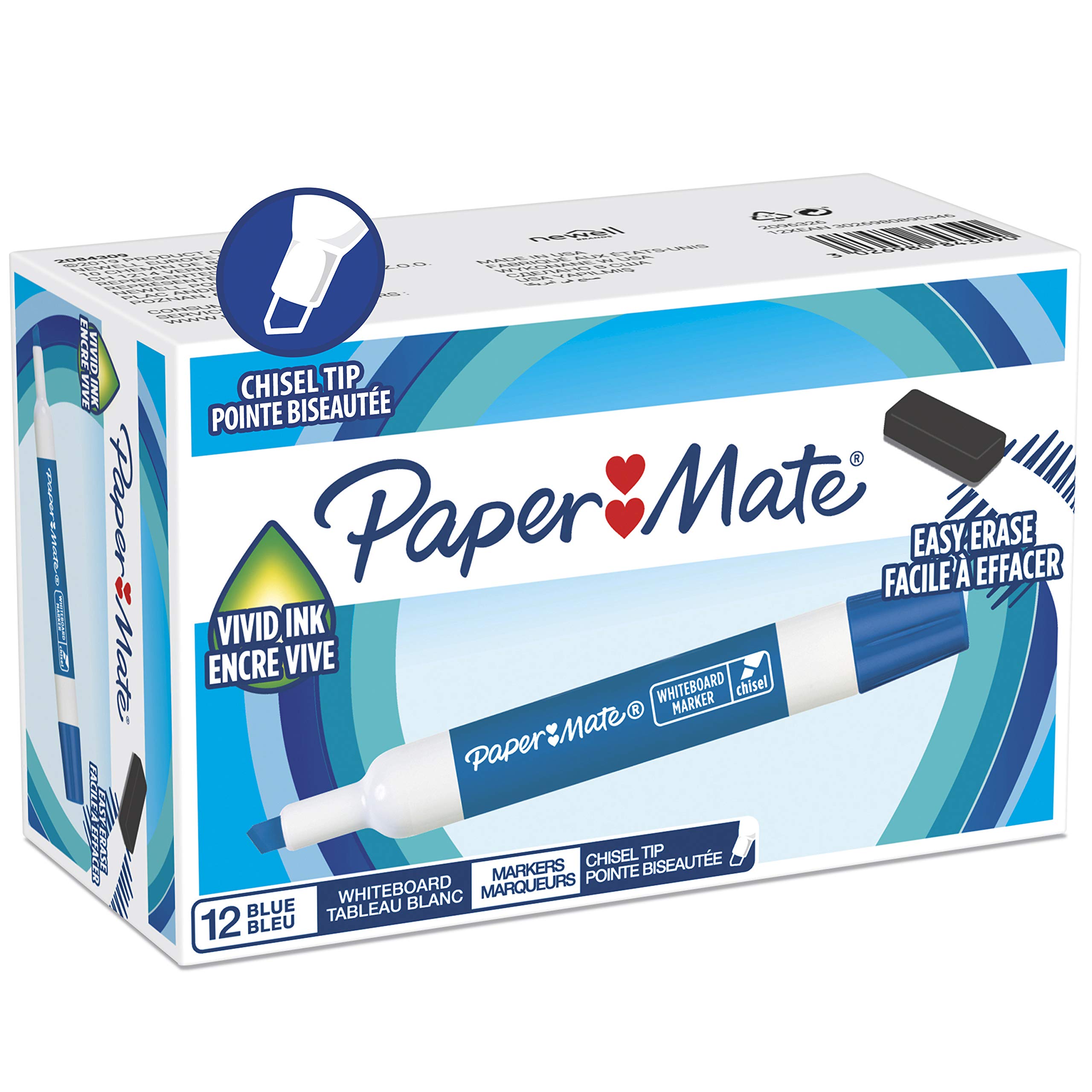 Paper Mate Low Odour Whiteboard Markers, Chisel Tip, Blue Ink, 12 Count