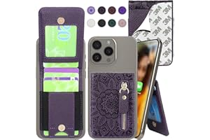 Harryshell Stick on Adhesive Phone Wallet with Card Slots [Hold Up to 6 Cards] [Kickstand] Cash Coin Zipper Pocket for iPhone/Samsung/Google Most Smart Phones (Floral Deep Purple)