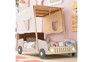 YOPTO Twin Size Car Bed with Pillow & Car Headlights Shaped LED Light,Wood Kid Bed Frame W/Ceiling Cloth & Magazine Holder,Toy Bedroom Furniture for Boys Toddlers Child,Natural