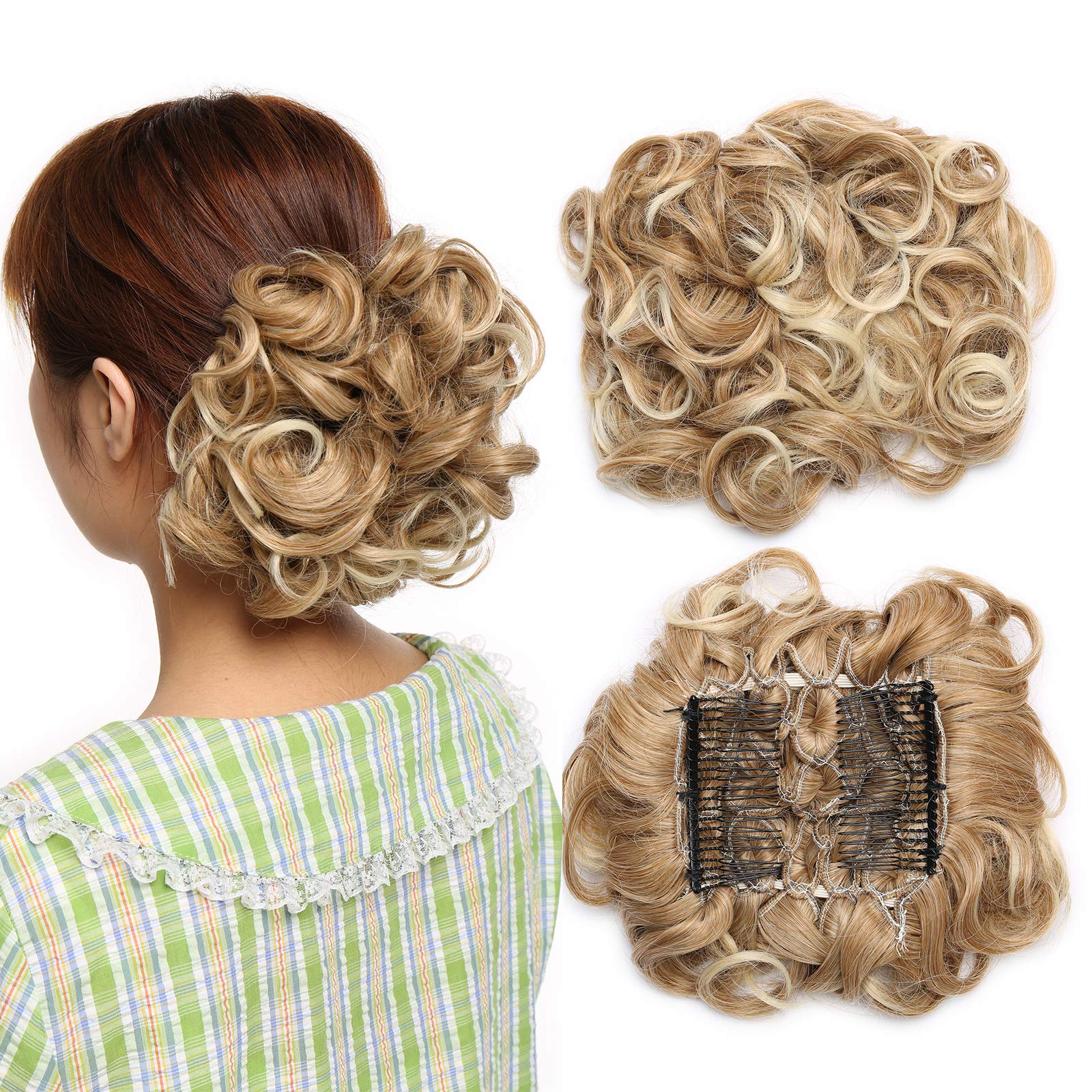 Silk-co Messy Curly Hair Bun -Sandy Brown to Bleach Blonde Hair Extension Stretch Combs Clip in Ponytail Scrunchie Chignon Hairpieces