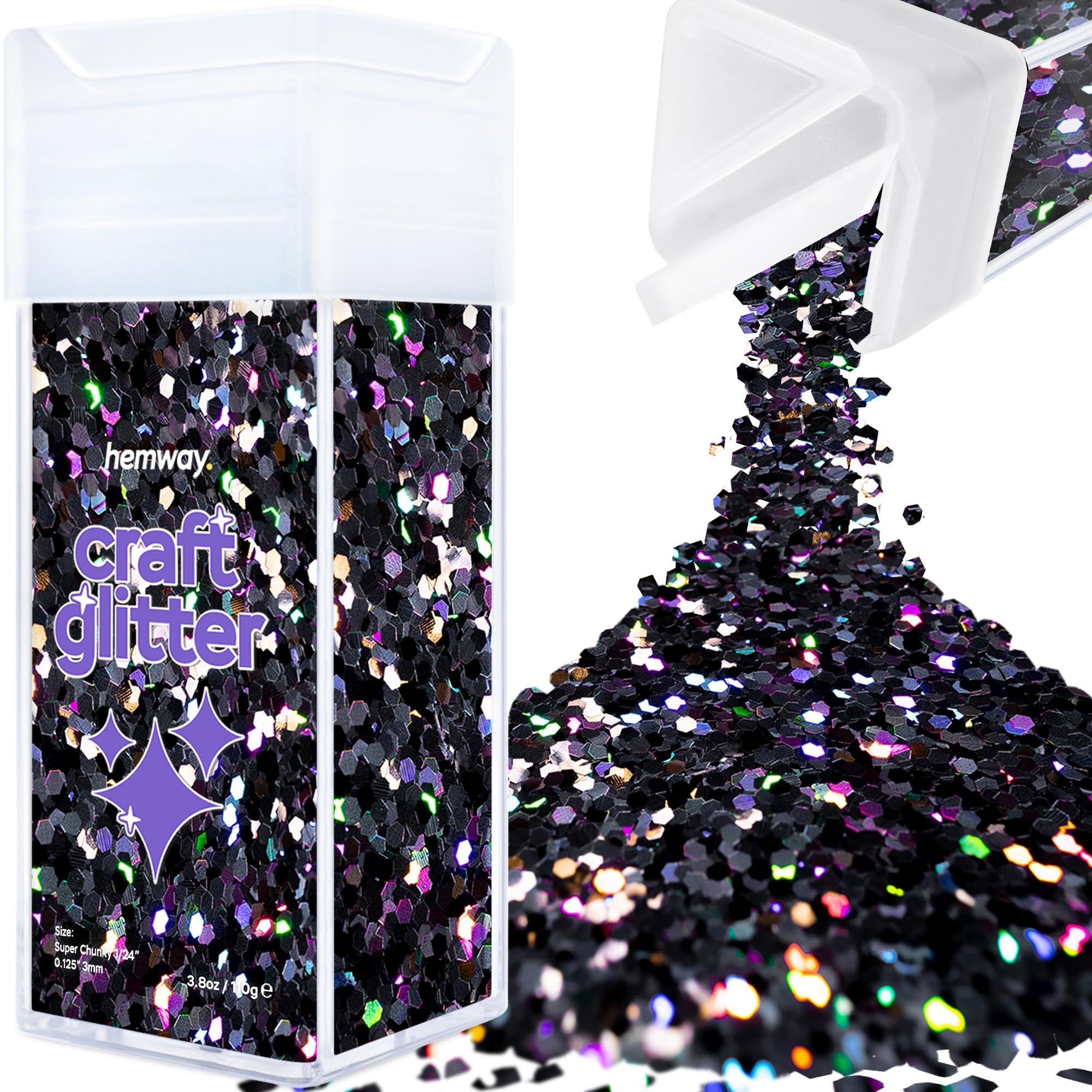 Hemway Glitter Shaker Black Holographic 110g Super Chunky, Craft Glitter Shaker for Resin & Epoxy Crafts, Christmas Art Supplies, Nail, Body, Face, Eye, Festival, Crafting, Slime, Sparkle