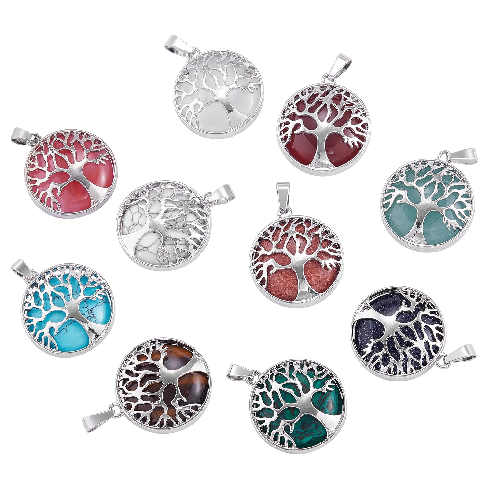 COGCHARGER 10 Pieces Tree of Life Charm Pendant Mixed Natural Gemstone Pendants Healing Crystal Charm for Jewellery Necklace Earring Making Craft
