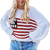 KMBANGI Women American Flag Sweater Graphic Loose Vintage Long Sleeve Crewneck Knitted Jumper Top Patriotic Pullover