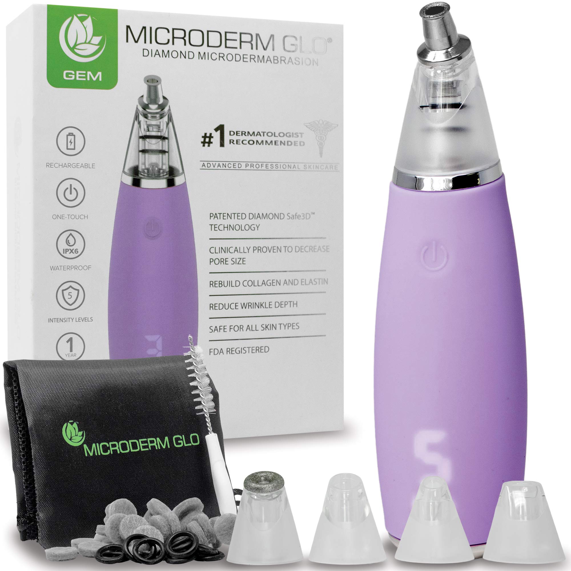 Microderm GLO GEM Diamond Microdermabrasion & Suction Tool Best Pore Vacuum #1 Advanced Collagen Production Facial Treatment for Clear Skin (Purple)