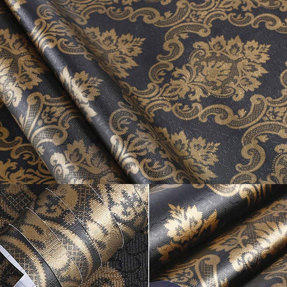 Black Gold Damask Adhesive Sheet Shelf Liner Peel & Stick Dresser Drawer Sticker Wallpaper for Countertop Kitchen Cabinets Wall Table Door Desk 60cm by 200cm