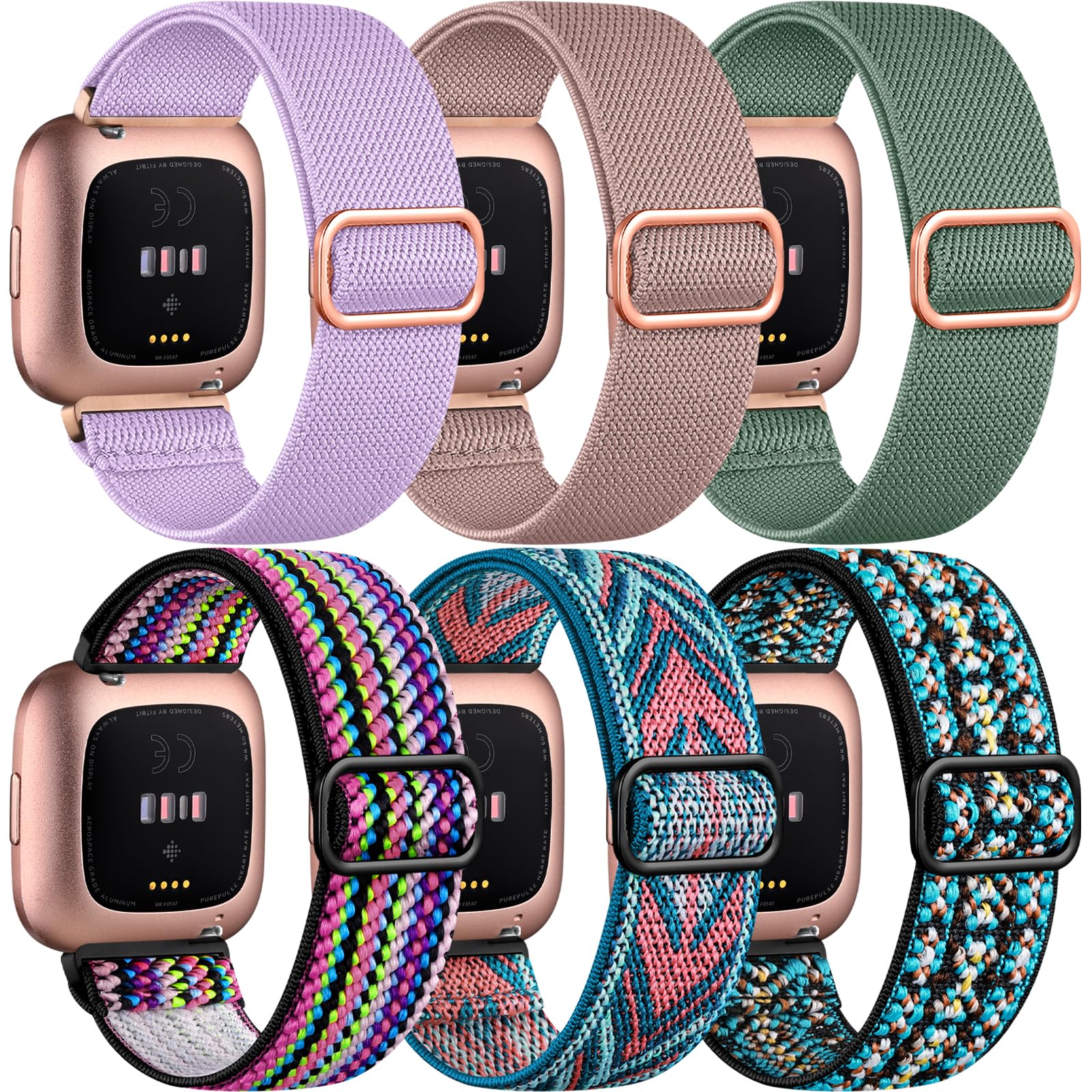 Ouwegaga 6 Pack Elastic Strap Compatible with Fitbit Versa 2/Fitbit Versa/Fitbit Versa Lite Strap, Soft Adjustable Nylon Loop Sport Replacement Wristband for Versa 2/Versa/Versa Lite, Colour C