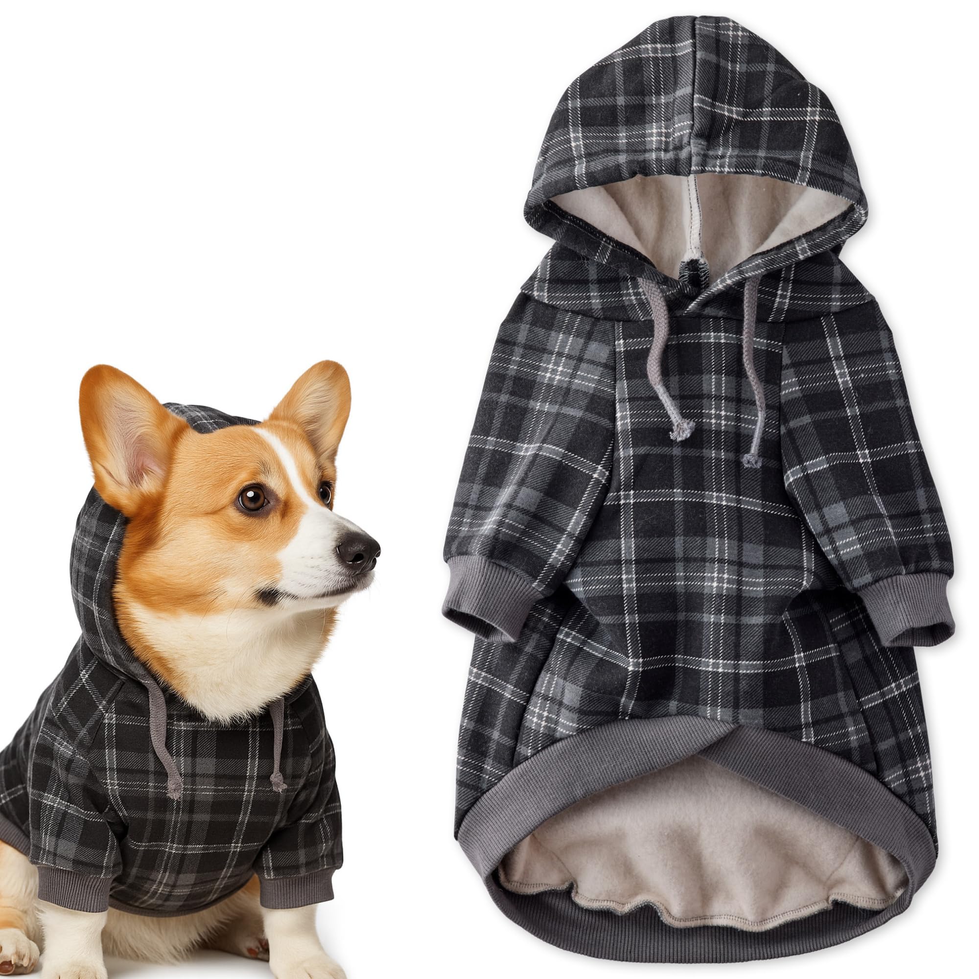 Pet Passion Rocky II – The Extra Comfy Hoodie, Organic Cotton and Recycled Poly Dog Hoodie Pet Coat Sweater for Small, Medium, Large Dogs​​, Black Sand Plaid, XX-Small
