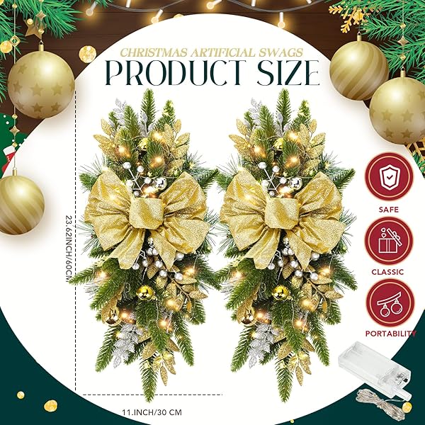 LYROW 8 PCS CHRISTMAS ARTIFICIAL SWAGS 24″ XMAS THE CORDLESS PRELIT STAIRWAY SWAG TEARDROP TRIM WREATH DOOR STAIR SWAG GARLAND CHRISTMAS SWAGS FOR OUTDOOR HOME GARDEN DECOR(GOLD,RETRO)
