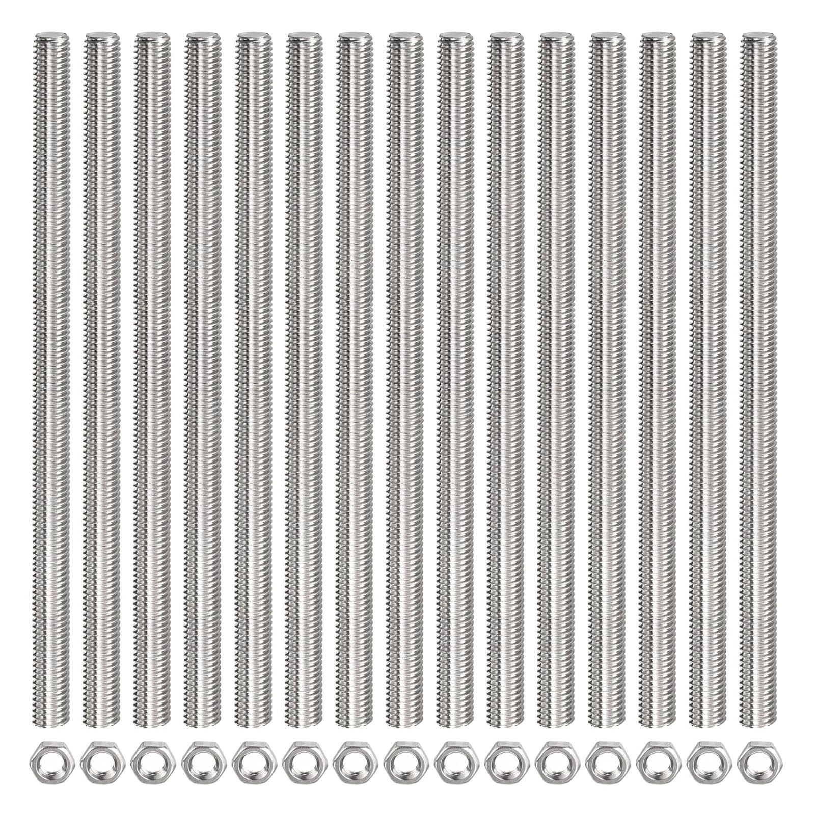 TOP-VIGOR 15Pcs M8 x 300mm Fully Threaded Rod, 304 Stainless Steel Right Hand Threads Rods, Fully Studding Rod Bar with 15Pcs Hex Nuts for Anchor Bolts, Clamps, Hangers and U-Bolts