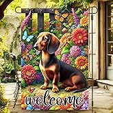 BlissYard Welcome Garden Flag Spring Summer Garden Flag 12x18 Inch Double Sided Dachshund Dog Flags Floral Butterfly Yard Lawn Porch Outdoor Decorative Banner