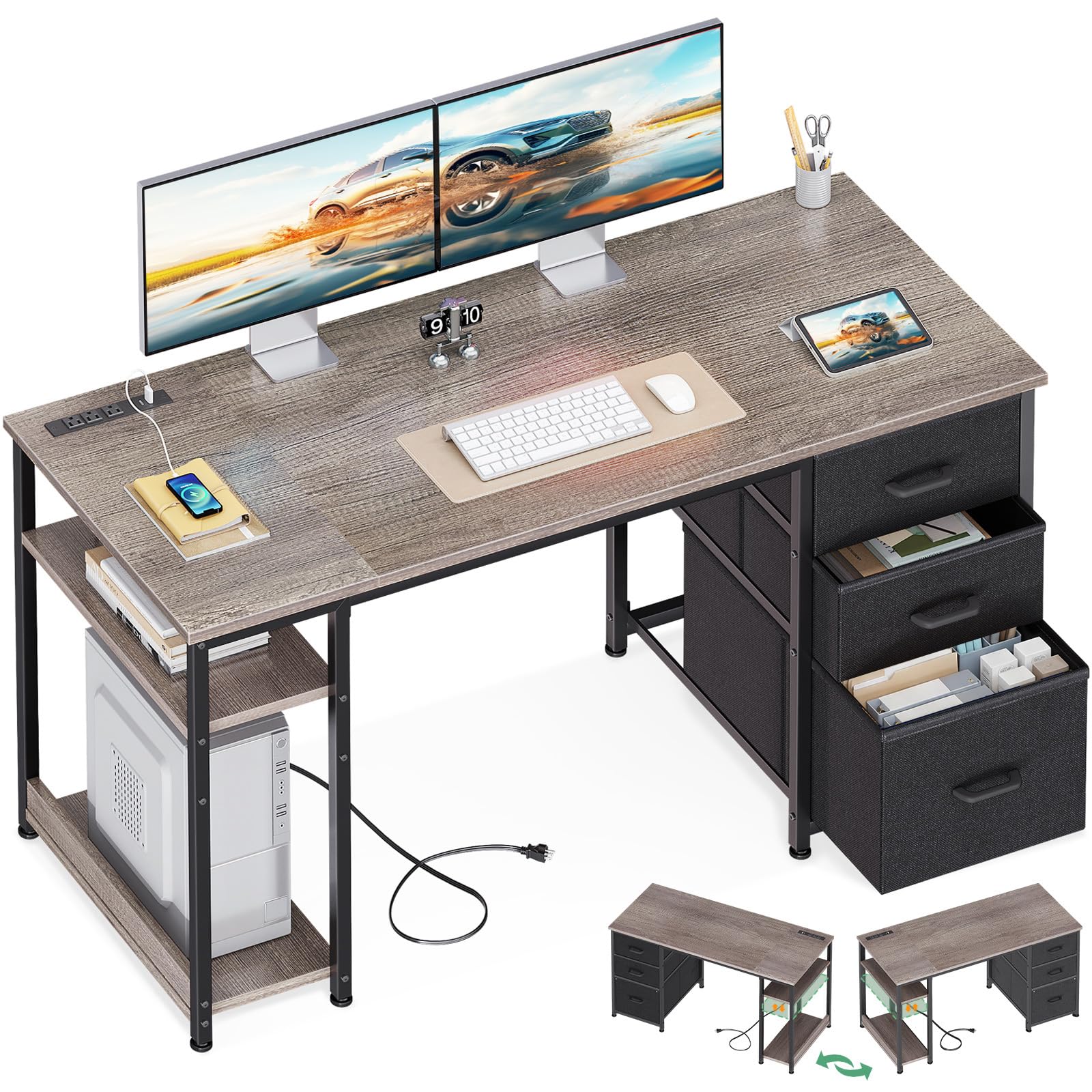 Photo 1 of ***FACTORY SEALED***AODK 51 Inch Computer Desk with Fabric Drawers & USB Power Outlets - Reversible Home Office Desk with Storage Shelves, Work from Home, Modern Work/Writing/Study Table for Bedroom, Grey Oak