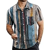 VATPAVE Mens Summer Striped Shirts Button Down Short Sleeve Vintage Beach Hawaiian Shirts with Pocket