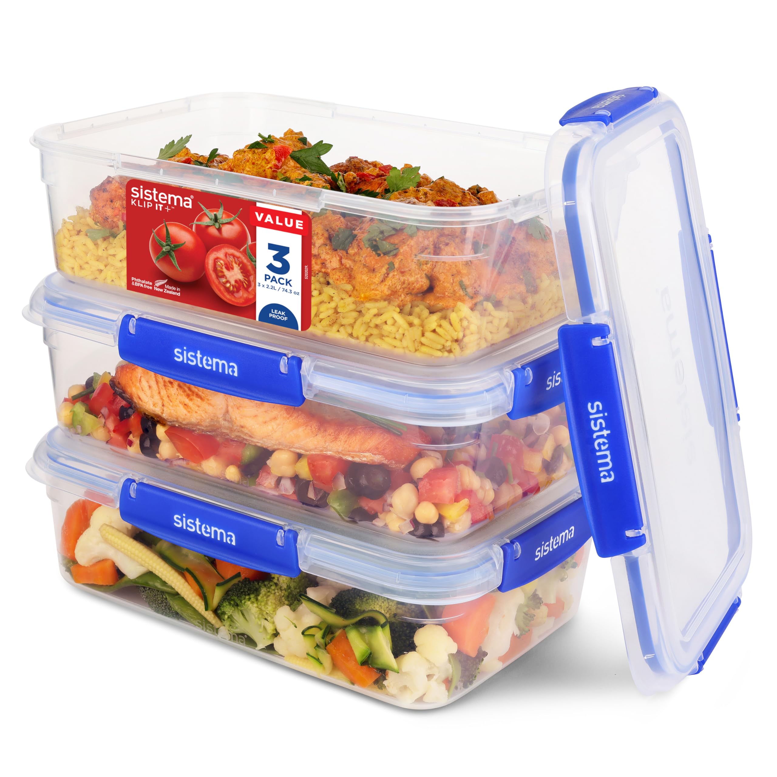Sistema KLIP IT PLUS Frischhaltedosen Set | 2,2 l | auslaufsichere, stapelbare und luftdichte Vorratsdosen mit Deckel | geeignet für Kühl-/Gefrierschrank | Brotdose schule | 3 Stück