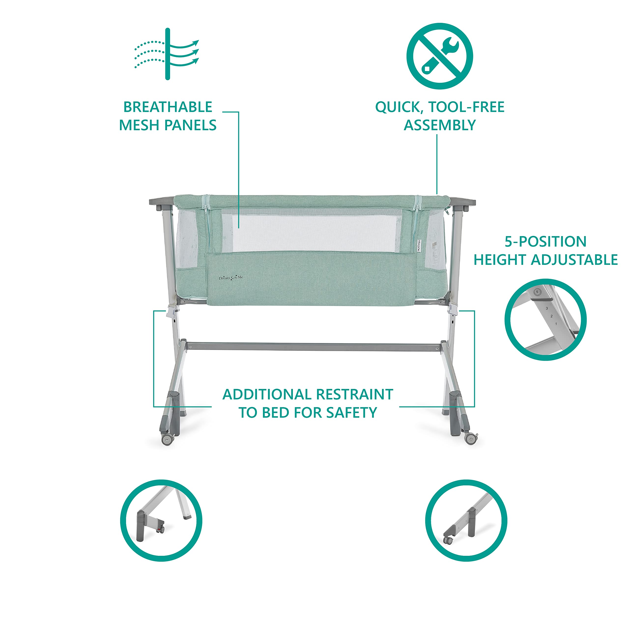 Dream On Me Skylar and Bedside Sleeper in Mint, Lightweight