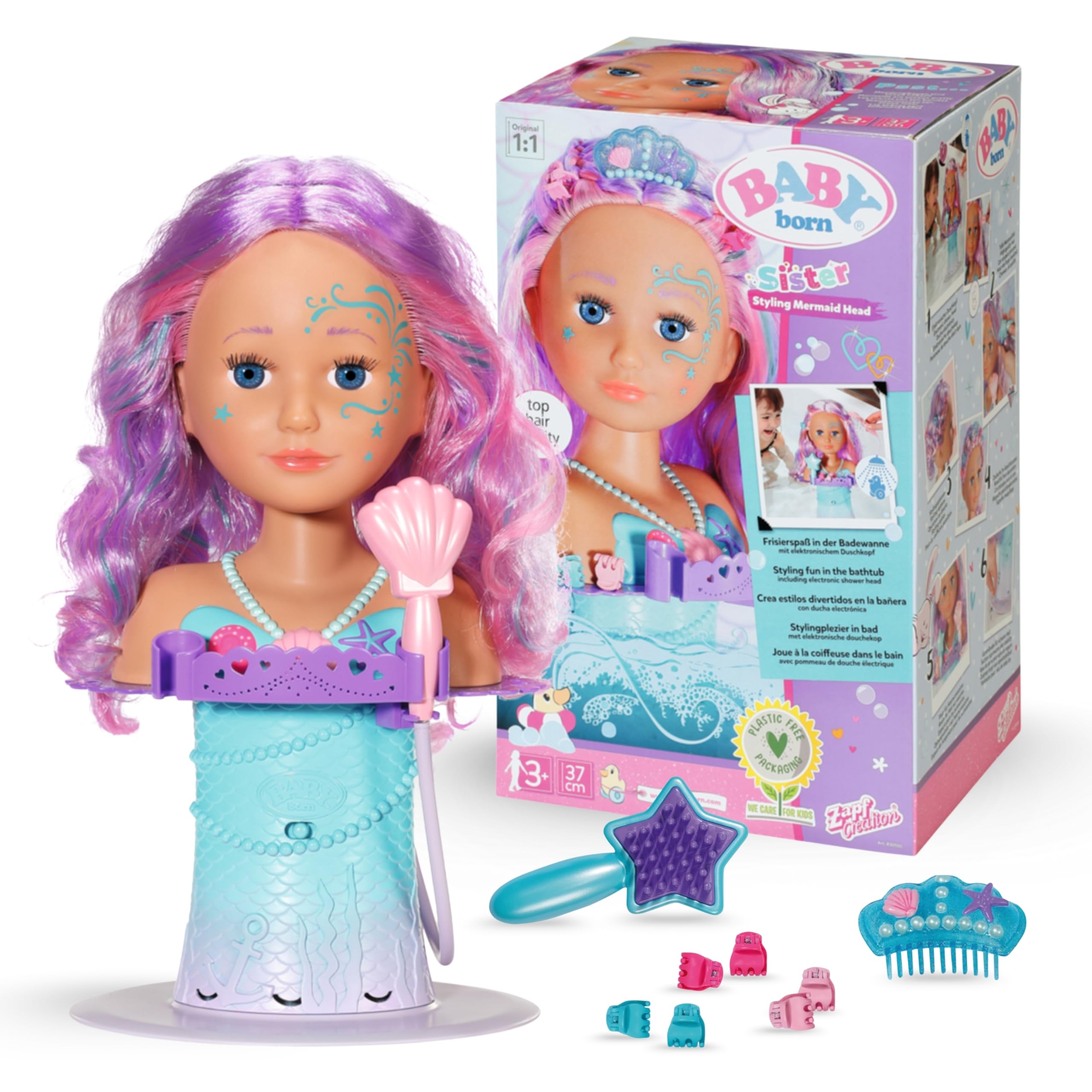BABY born Styling Head Mermaid - Doll Make-up & Styling Head for children from 3 years - Rotatable & suitable for the bathtub - With water function, brush, diadem & accessories