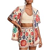 MakeMeChic Women's Tropical Beach Vacation Outfits Summer Two Piece Sets Boho Floral Kimono Tops and Shorts Set
