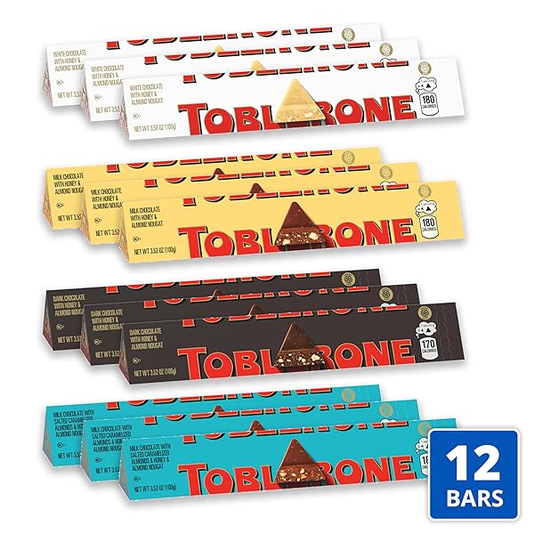 TOBLERONE ASSORTED CHOCOLATE BARS VARIETY PACK (MILK, DARK, WHITE, & SALTED CARAMELIZED ALMONDS), MOTHER’S DAY, 12 – 3.52 OZ BARS