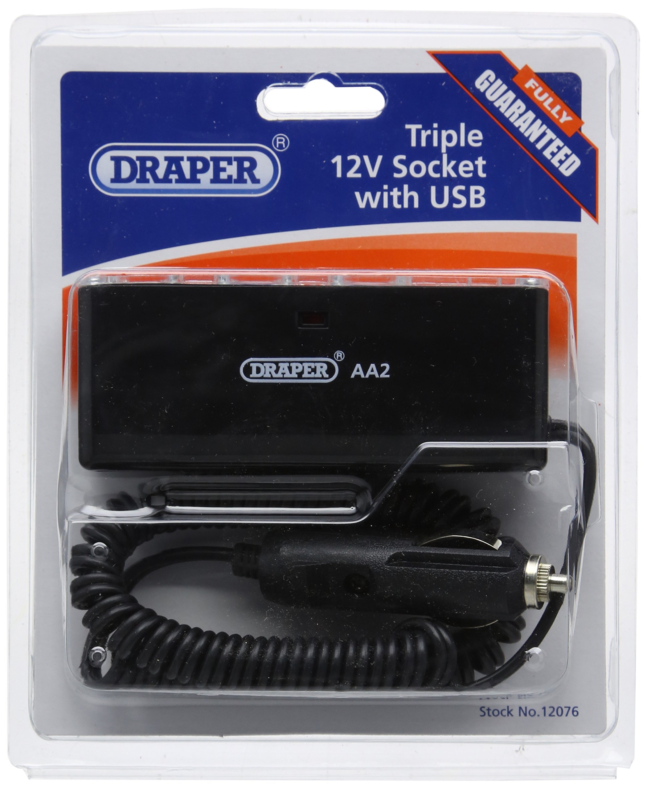 Draper 12076 12V 3-Socket Adaptor with USB