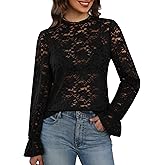 Gleeneat Womens Lace Long Sleeve Tops Dressy Casual Mock Neck Blouses Floral Elegant Sheer Shirts Date Night Outfits