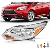 HECASA Left Headlight Assembly Driver Side Halogen Headlamp | Compatible with 2012-2014 Ford Focus 4-Door; Replacement for FO2502298 K301153LAS1 w/bulbs Clear Lens+Chrome Housing
