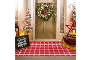 HOMYDECOR Christmas Red Green White Plaid Rug, 3' x 5' Cotton Hand-Woven Buffalo Check Layered Door Mat for Front Porch, Entryway, Outdoor Holiday Decor, Washable Farmhouse Rug for Home, Patio, Kitchen