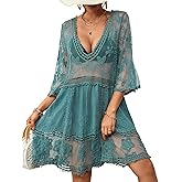 Bsubseach Women Lace Swimsuit Cover Up Bathing Suit Coverups V-Neck Swimwear Beach Vacation Dress