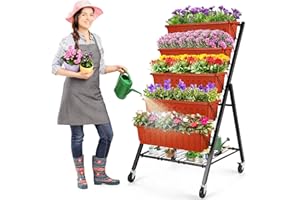 Homdox 4FT Vertical Garden Bed, 5 Tiers Vertical Raised Garden Planter, 25.6 * 26 * 48Inch Garden Raised Bed with 4 Hooks & 4 Wheels, Vegetable Flower Planter Raised Stand, Brown with Storage Rack