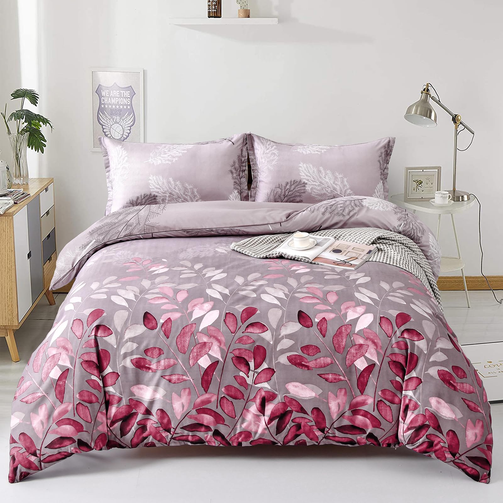 DJY Pink Duvet Cover Double Pink Floral Bedding Set, Reversible Lightweight Leaves Bedding Sets 3pcs with Zipper Closure (Double, 200x200cm)