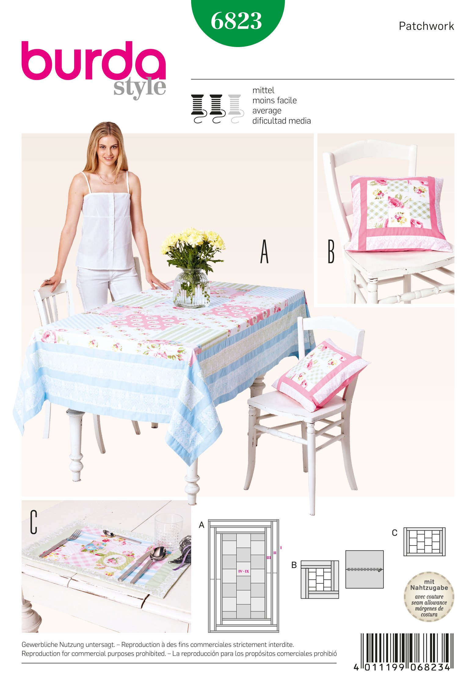 Burda Homeware Sewing Pattern 6823-Patchwork Tablecloth, Cushion and Placemat