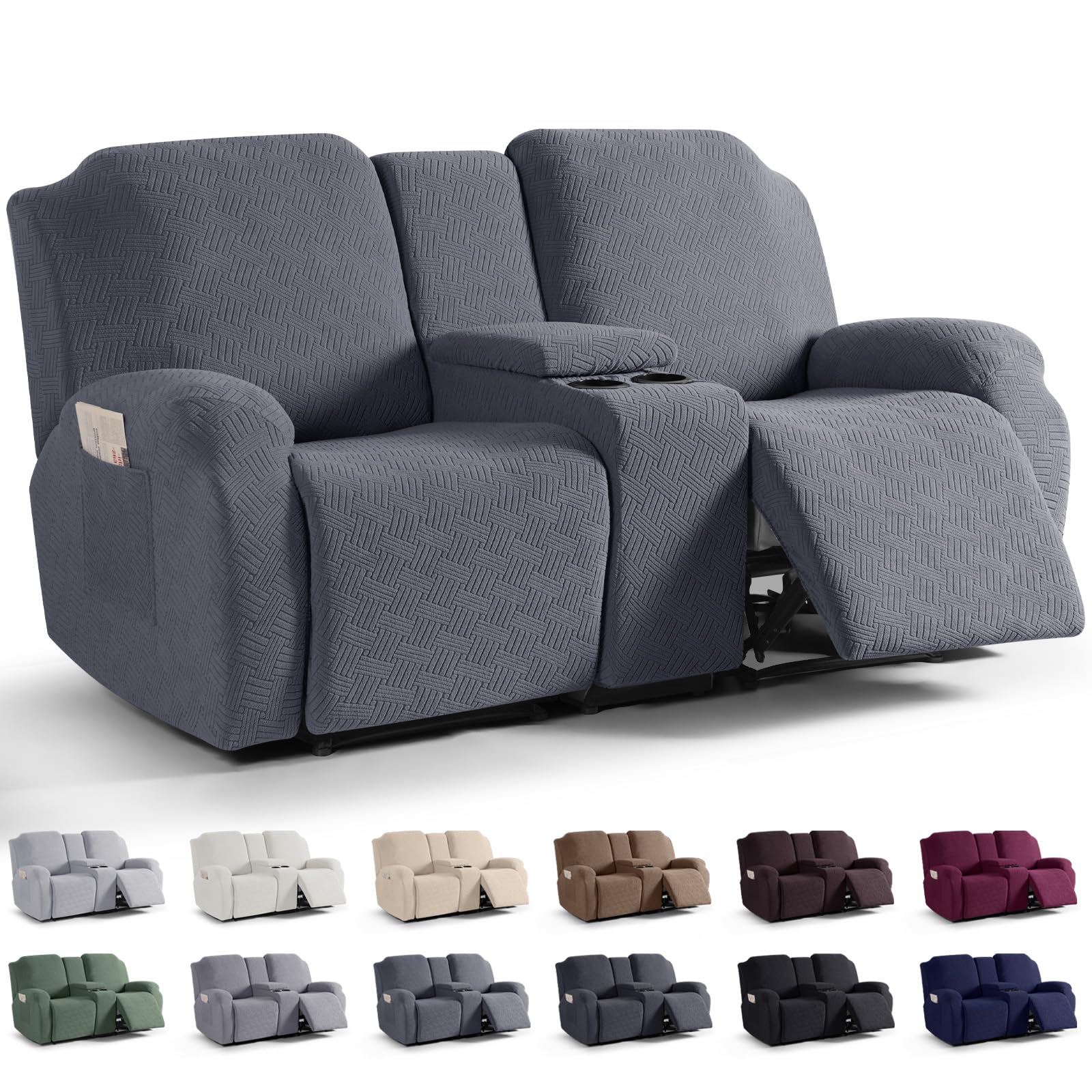 Photo 1 of KinCam Loveseat Recliner Covers with Middle Console Slipcover, Recliner Sofa Covers 2 Seat Couch Cover Stripe Jacquard Furniture Protector Covers with Elastic Bottom for Kids, Pets (Dark Gray)