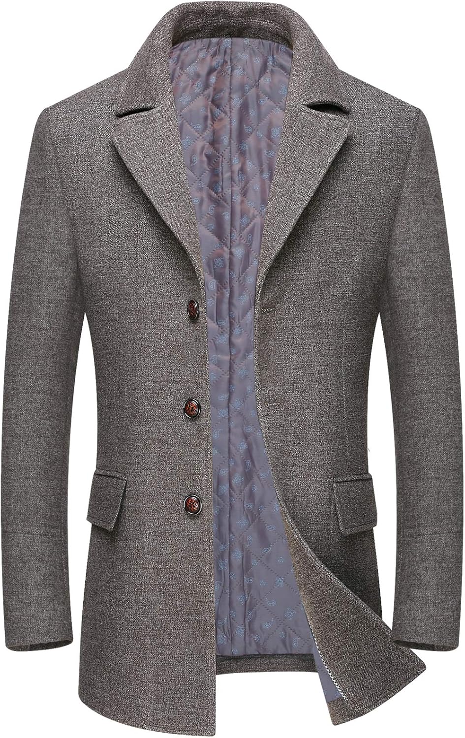 chouyatou Men's Winter Notched Collar Single Breasted Quilted Wool Midi Coats Plaid Scarf at  Men’s Clothing store