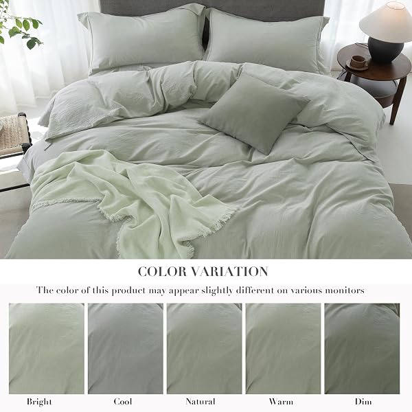 ELIMMO COOLING KING DUVET COVER SET 3 PIECES-100% WASHED COTTON WITH CHIC WIDE TRIM DESIGN LINEN LIKE TEXTURED ULTRA SOFT COZY BEDDING WITH ZIPPER CLOSURE(HEMMED SAGE GREEN,KING 104″X90″)