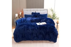 BLEUM CADE Fluffy Plush Duvet Cover Set Queen Size, Luxury Ultra Soft Velvet Fuzzy Comforter Cover Bed Sets 4Pcs(1 Faux Fur Duvet Cover + 2 Pillow Cases + 1 Pillow Cover) Zipper Closure (Queen, Navy Blue)