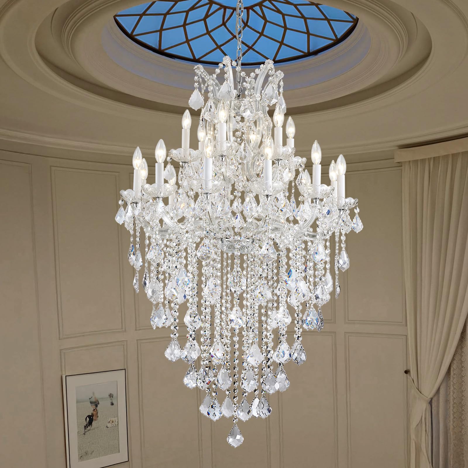 Photo 1 of DUNFIZZ 18-Light Modern Crystal Chandeliers Silver High Ceiling Chandelier Maria Theresa Chandeliers Large Foyer Chandelier Fixtures for Living Room Entryway Hallway Staircase, H45 x W31