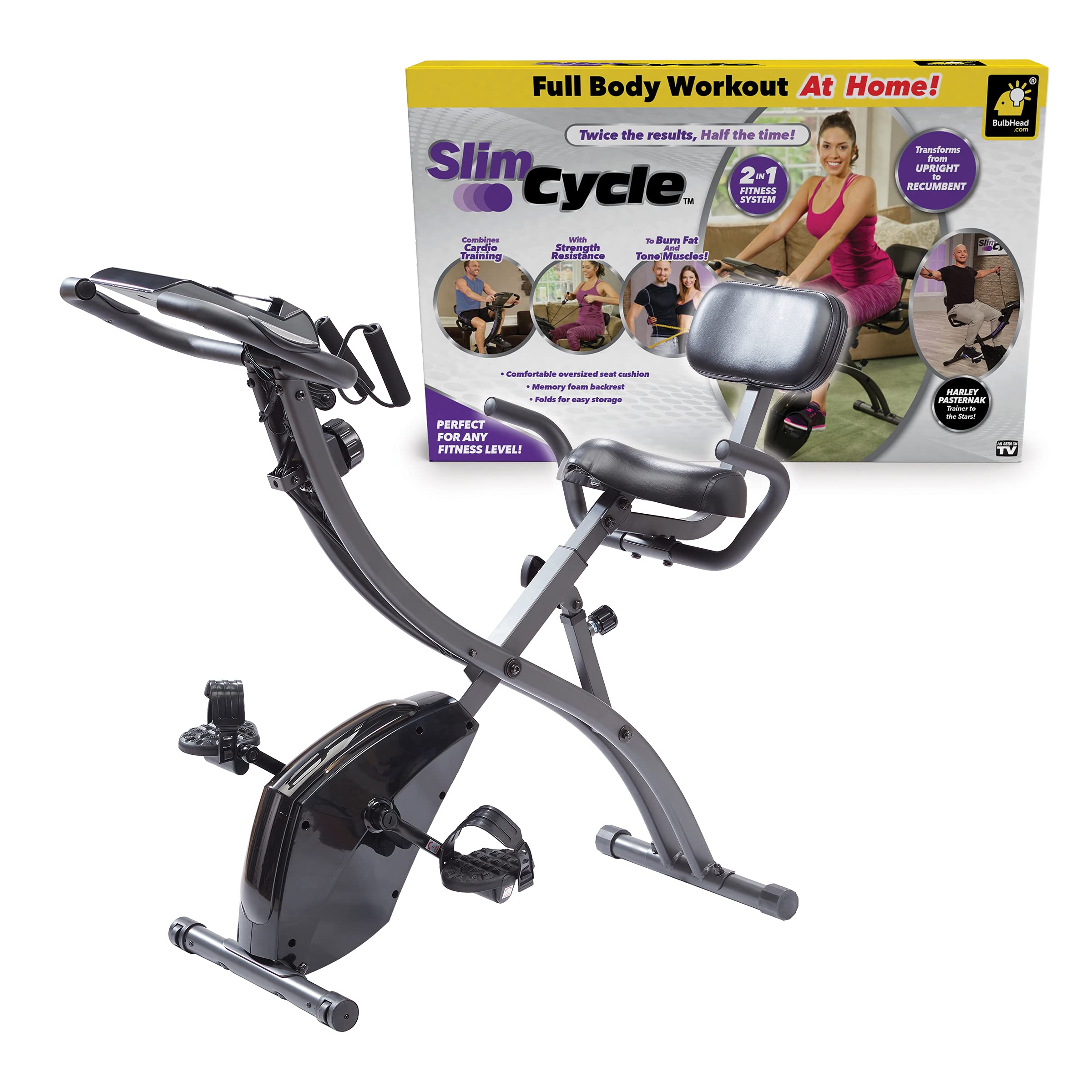 BulbHead As Seen On TV Slim Cycle Stationary Bike, Most Comfortable Exercise Machine, Thick, Extra-Wide Seat & Back Support Cushion, Recline or Upright Position, Twice The Results in Half The Time