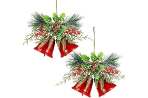 Tioncy Christmas Bell Hanging Ornaments 8.7" Large Rustic Metal Bell Decoration Xmas Hanging Decorative Bell with Red Berry for Christmas Wreath Tree Door Decor(Red,2 Pcs)