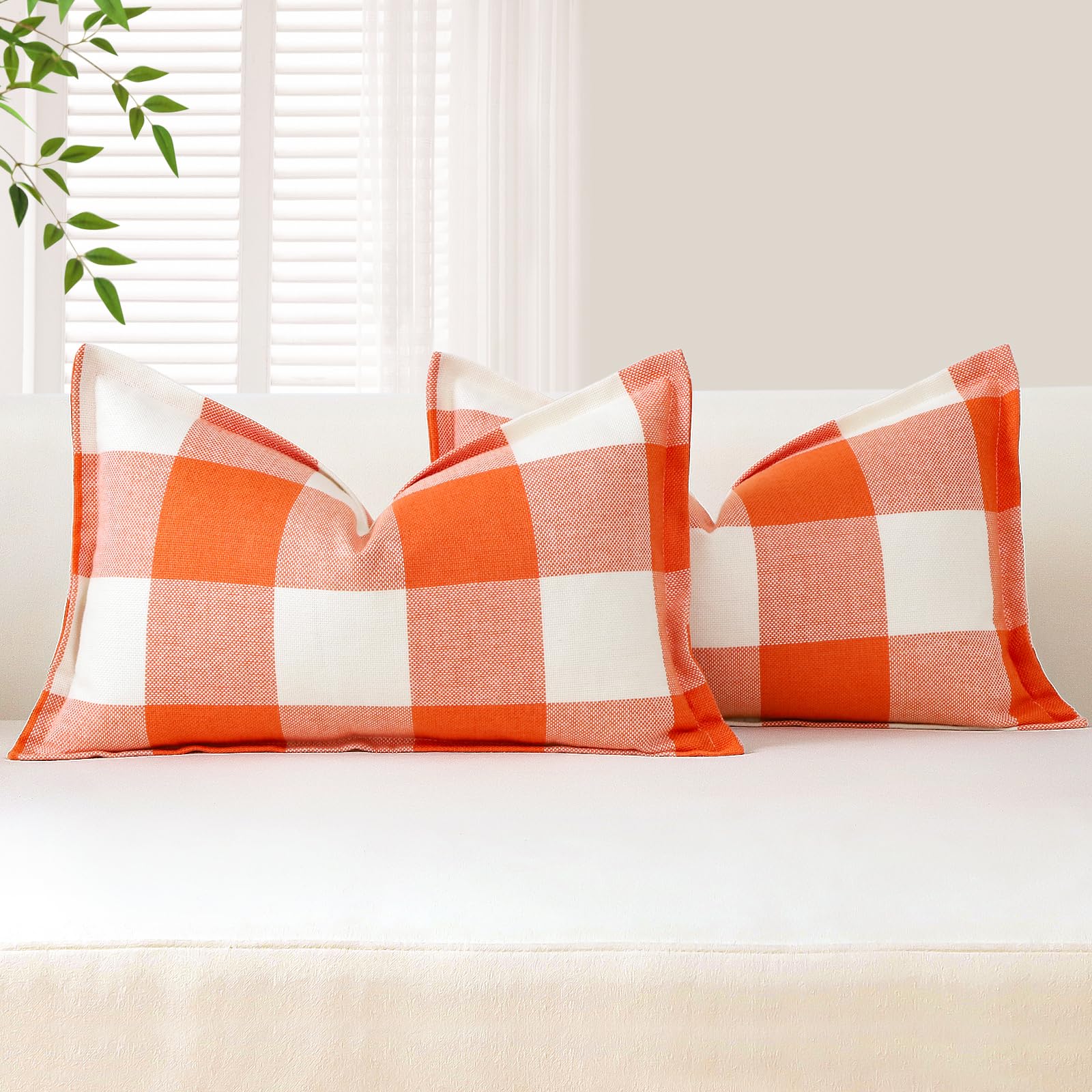 Sungeek Buffalo Check Plaid Cushion Covers 30 x 50 Set of 2 Linen Christmas Tartan Decorative Lumbar Pillow Covers with Stitched Edge for Sofa Couch Bed Living Room 12x20 Inch (Orange and White)