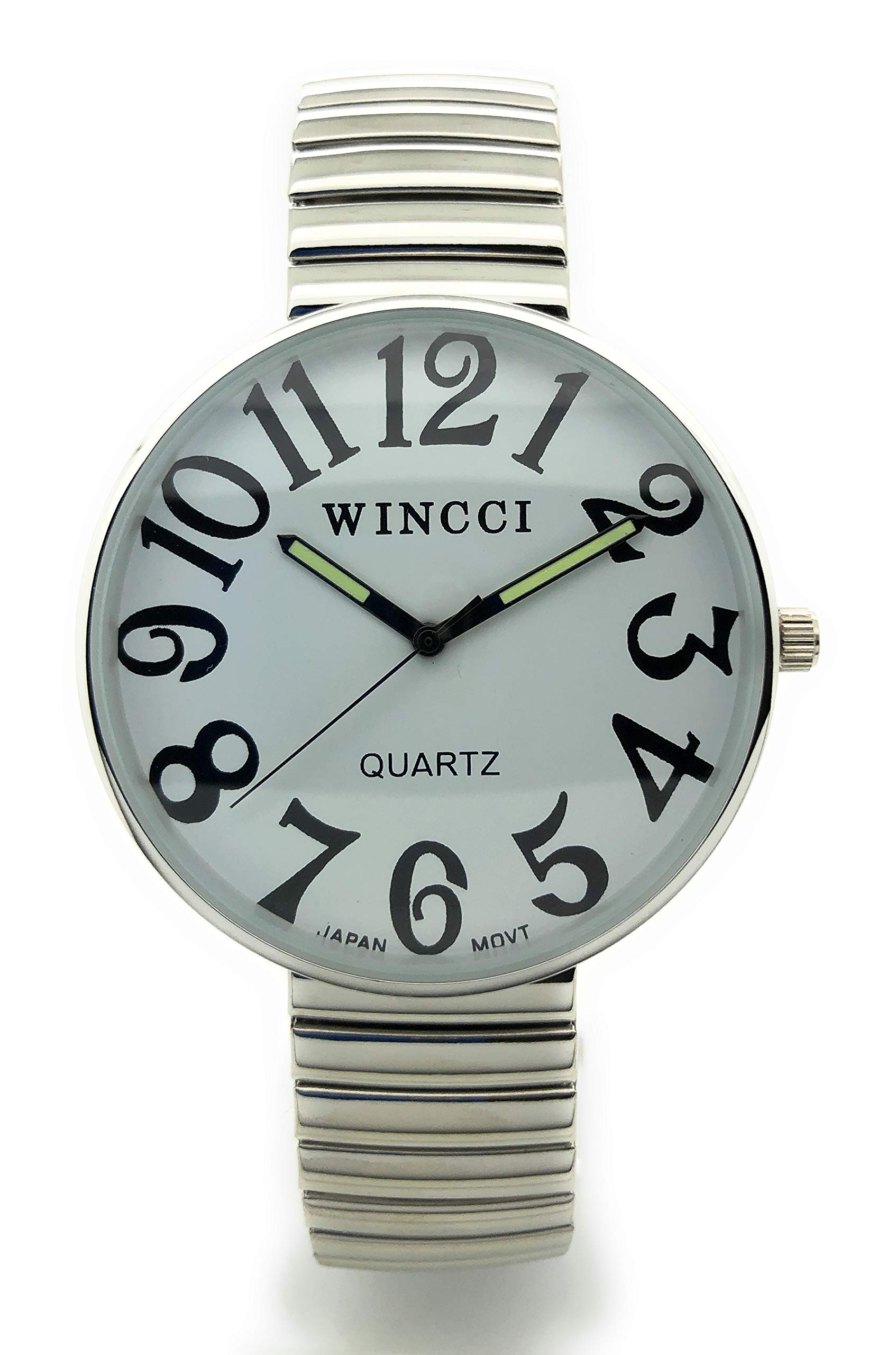 Wincci Mens Ladies Jumbo Big Numbers Stretch Elastic Band Analog Quartz Fashion Watch, Silver, Modern