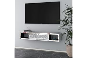 blingworld Mirrored Floating TV Stand, 47 1/2" Wall Mounted Floating TV Shelf with Crushed Diamonds, Glass Floating Entertainment Center Under TV Shelf Mantel for Living Room, Bedroom (Silver)