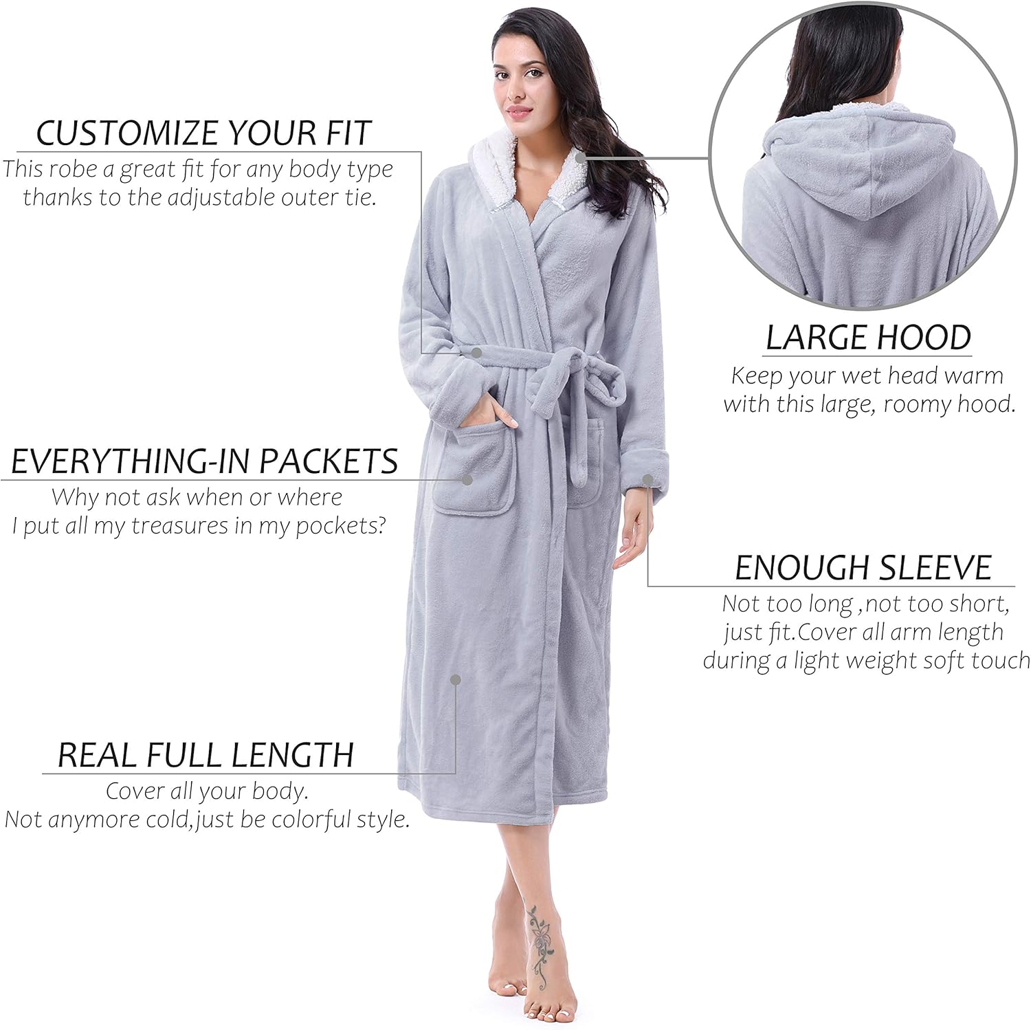 Long Ladies Hood Dressing Gowns Soft Fluffy Thick Bath Robes Women Plush  Winter Night Robe Grey - BigaMart