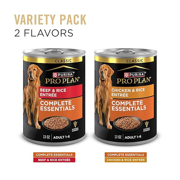 PURINA PRO PLAN COMPLETE ESSENTIALS WET DOG FOOD CHICKEN AND RICE ENTREE AND BEEF AND RICE ENTREE VARIETY PACK – (PACK OF 12) 13 OZ. CANS