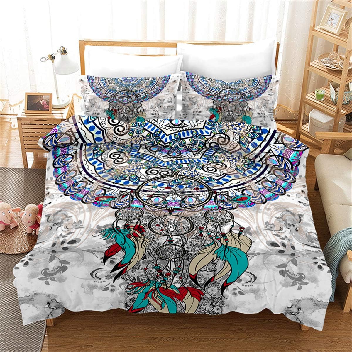 Odot Duvet Cover Set 3 Pieces 3D Dreamcatcher, Bedding Set Single Double Super King Boys Girls Soft Microfiber Printed Zipper Anti-Allergic Quilt Cover Pillow Cases (220x240cm,Wind chimes)