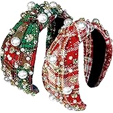 2 Pcs Christmas Headbands for Women Pearl Rhinestone Knot Headband Xmas Crystal Jeweled Hair Band Bow Wide Top Knotted Headband Christmas Hair Accessories Holiday Party Outfits(Snowflake Plaid)