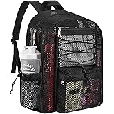 UEASE Mesh Backpack Heavy Duty for School, 24L Large Mesh Bookbag for Adults, Black School Bag with Comfort Padded Straps for Work Swimming Beach Fitness Sport