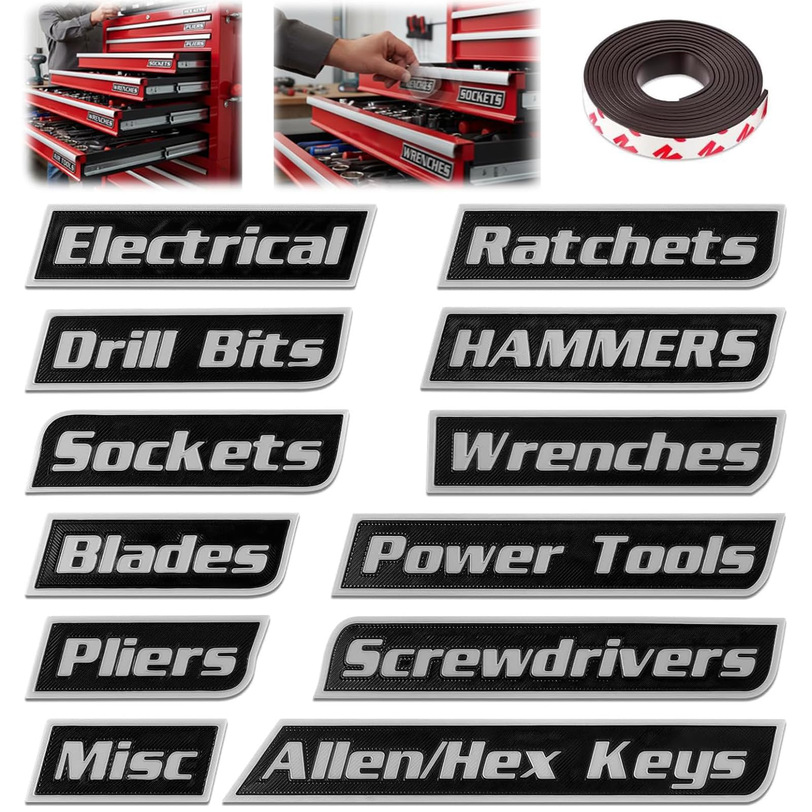Photo 1 of 12 Pack of Magnetic Toolbox Labels, 3D-Printed Tool Box Labels, Reusable Magnet Tags for Steel Toolboxes Carts Drawers and Cabinets, Quick Identifying Tool Box Drawers (Black)