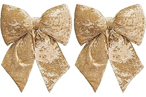 KI Store Champagne Large Plush Velvet Bows Set of 2 30cm Christmas Bow Tree Topper for Christmas Tree Decoration Door Window 
