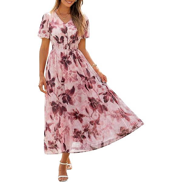 Women's Floral Maxi Dress Flowy V Neck Empire Waist Summer Wedding Guest  Party Casual Chiffon Dress Blue S at Amazon Women's Clothing store
