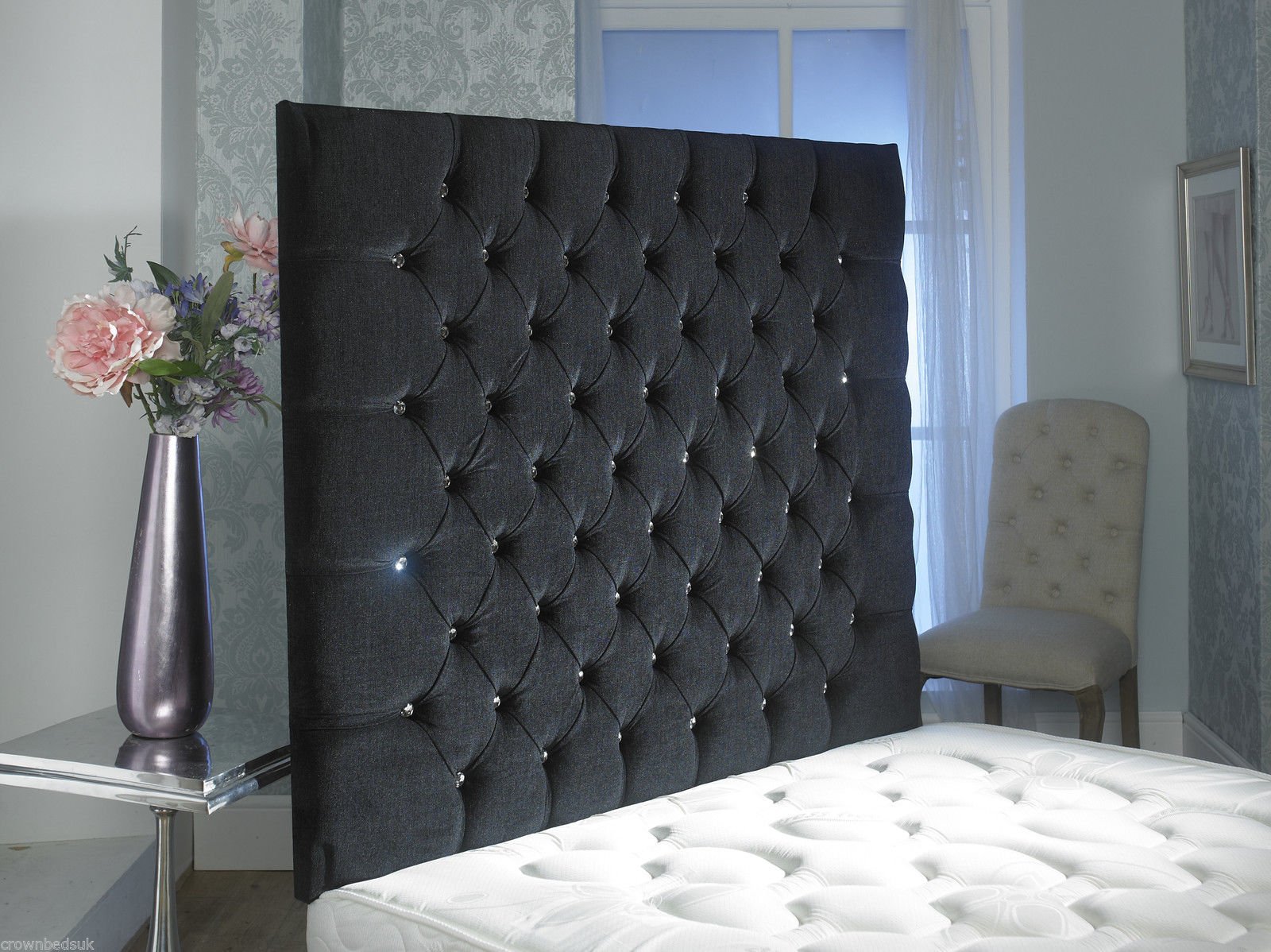 CROWNBEDSUK CHESTERFIELD WALL HEADBOARD CHENILLE IN 2ft6,3ft,4ft,4ft6,5ft,6ft 36'' OR 44 '' HEIGHT MATCHING BUTTONS (3FT SINGLE 36'', Black)